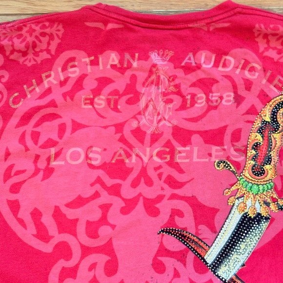 Christian Audigier Men's Red Skull and Rose Tee - Picture 12 of 12